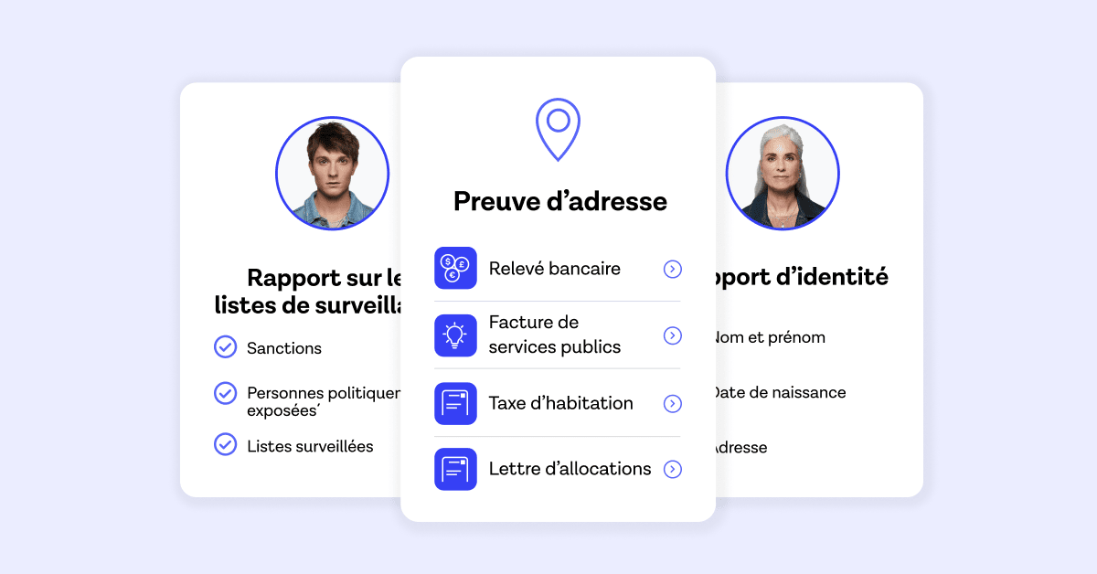 Trois cartes montrant un justificatif de domicile, un rapport de sanctions et des rapports d'identité.
