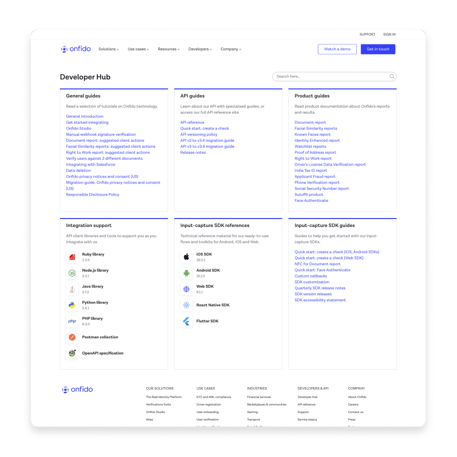 Una schermata dell'hub per sviluppatori di Onfido che mostra vari argomenti e categorie.